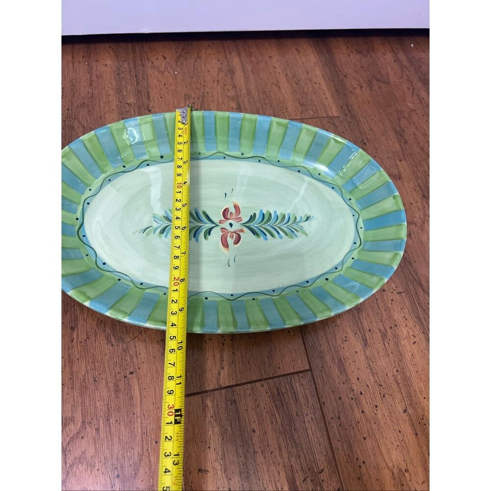 Gail Pittman Provence 14" Oval Serving Platter Flowers Green Bands Hand Painted - Picture 3 of 9